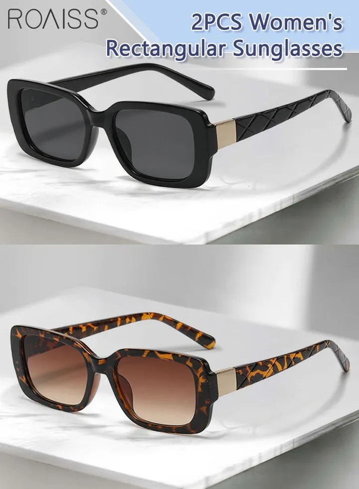 2PCS Women's Rectangular Sunglasses, UV400 Protection Sun Glasses, Fashion Decorative Eyewear for Outdoor Party Street Photography, Black and Leopard