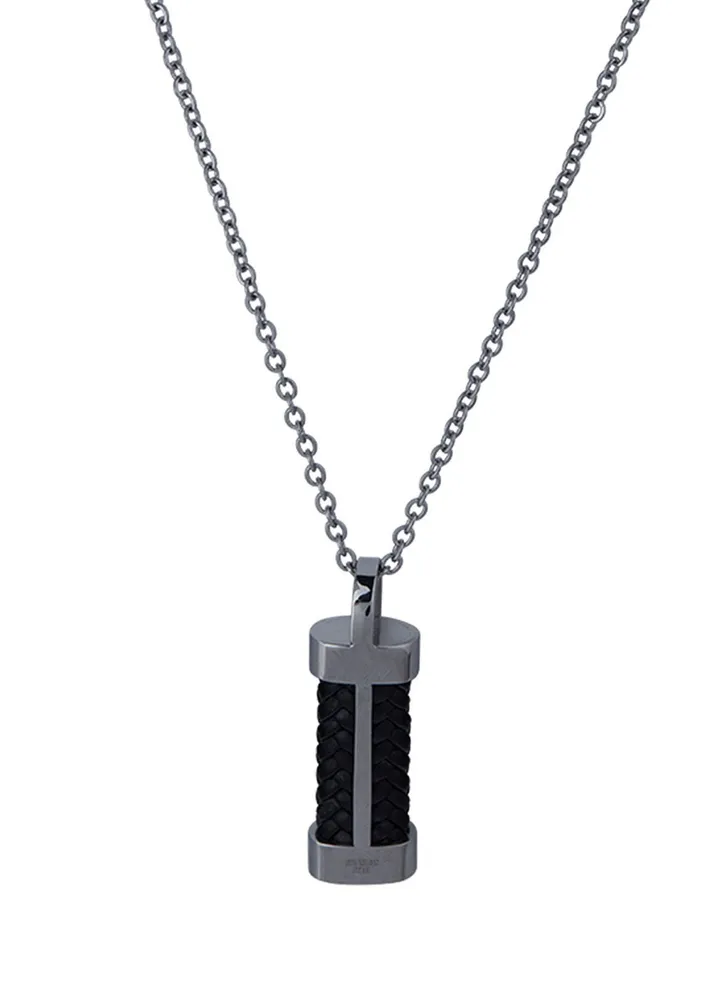 Guy Laroche Stainless Steel & Leather Necklace for Men, Silver and Black, 4TX501AV