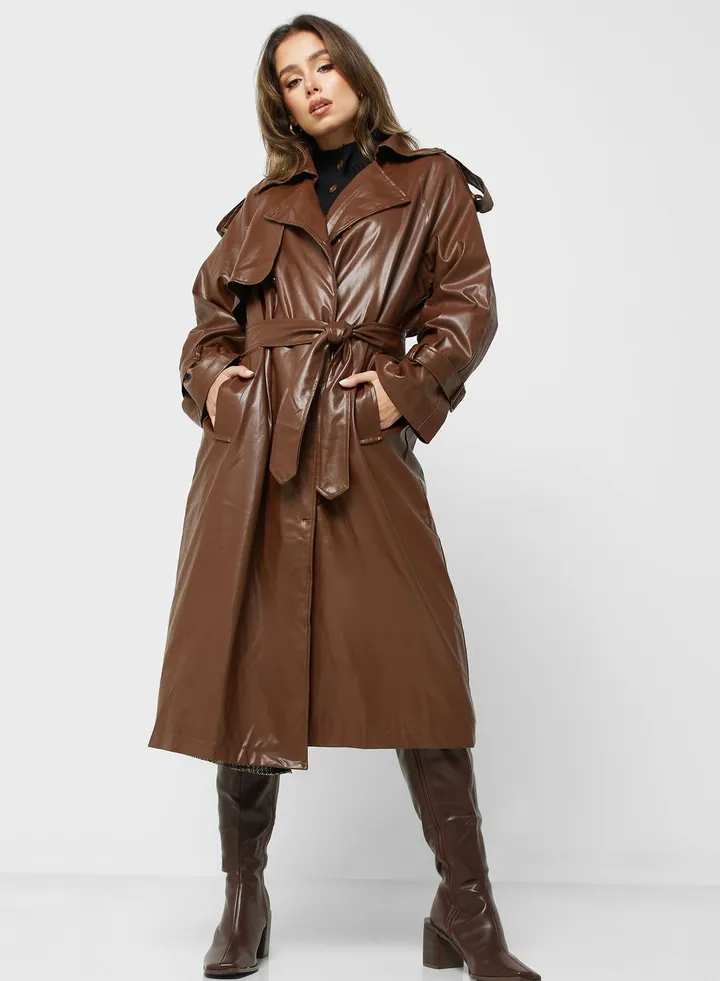 Leather Look Trench Coat