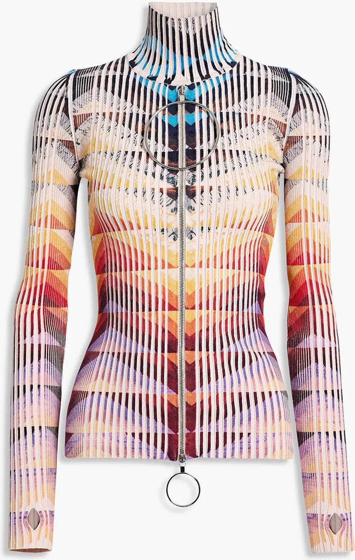 Ring-embellished printed ribbed cotton turtleneck top