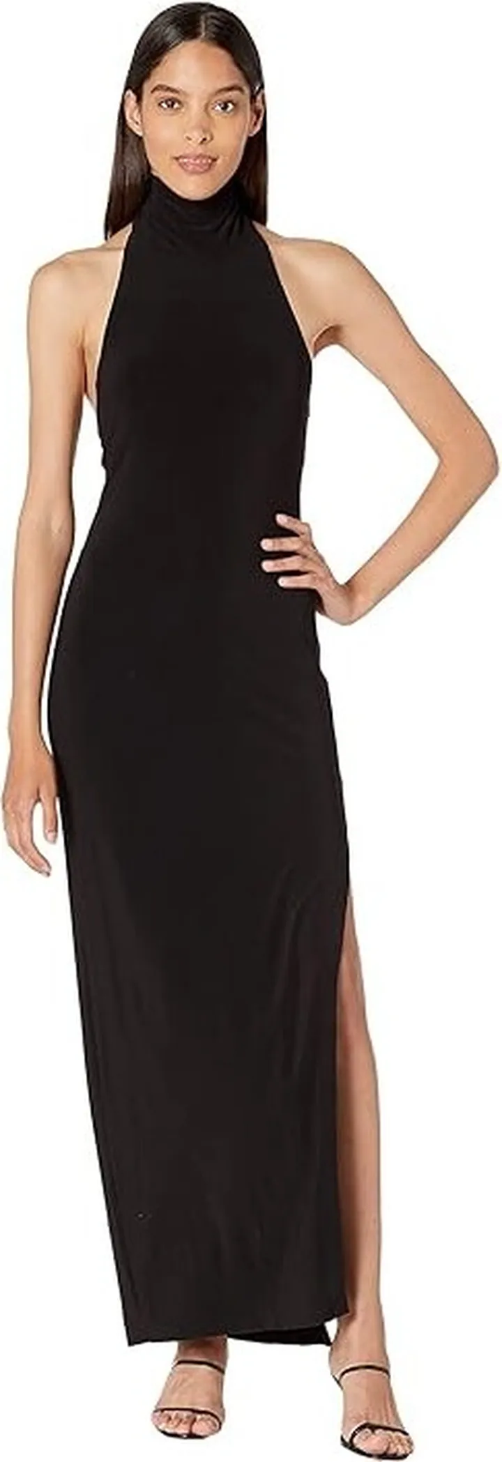 Norma Kamali Halter Turtle Side Slit Gown (Black) Women's Clothing