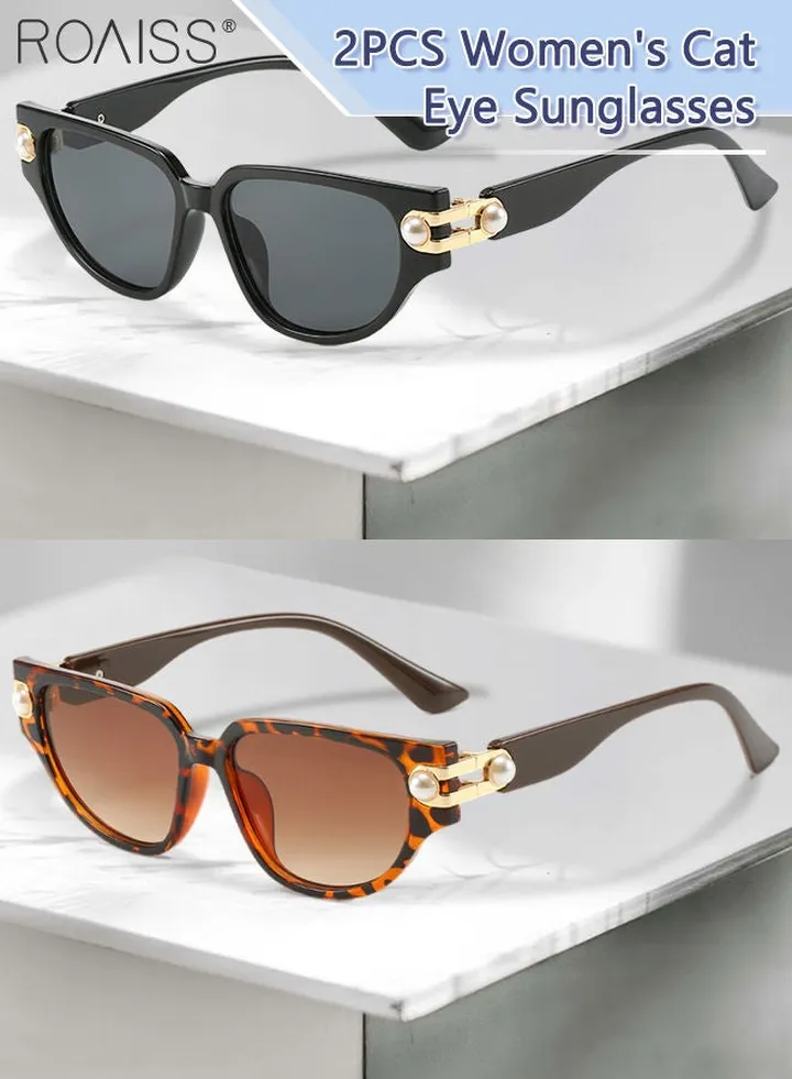 2PCS Women's Triangle Cat Eye Sunglasses, UV400 Protection Sun Glasses, Fashion Decorative Eyewear Decorated with Pearls for Outdoor Party Street Photography, Black and Leopard