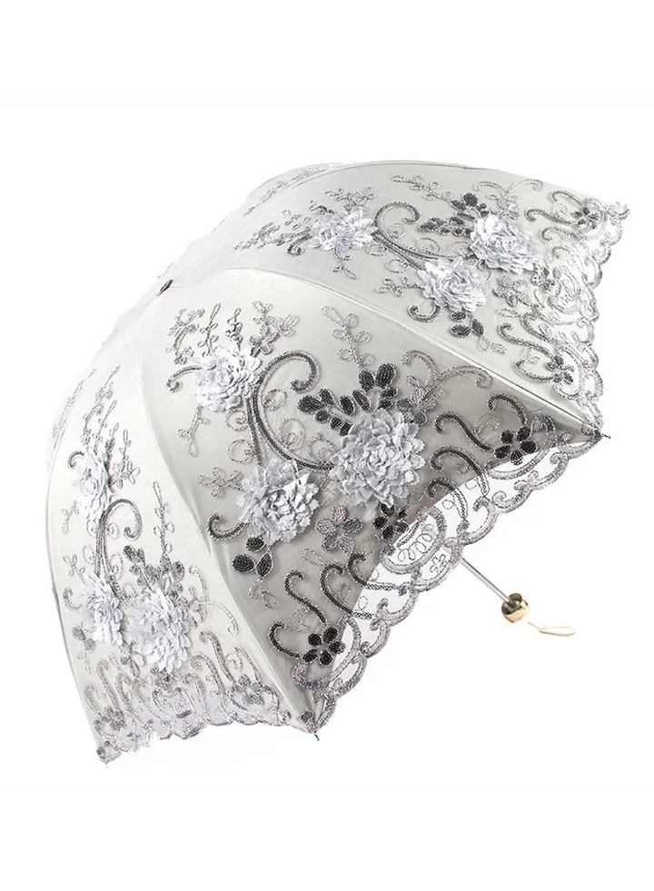 Women Fashion Portable Folding Lace Embroidery Anti-UV Sun Windproof Travel Umbrella Grey