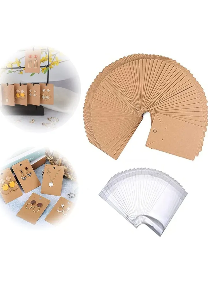 Earring Holder Cards, Earring Display Holder Cards set for Earrings Necklace Jewelry Display and Packaging, Kraft Color, 100 Pcs Earring Cards and 100 Pcs Self- Sealing Bags
