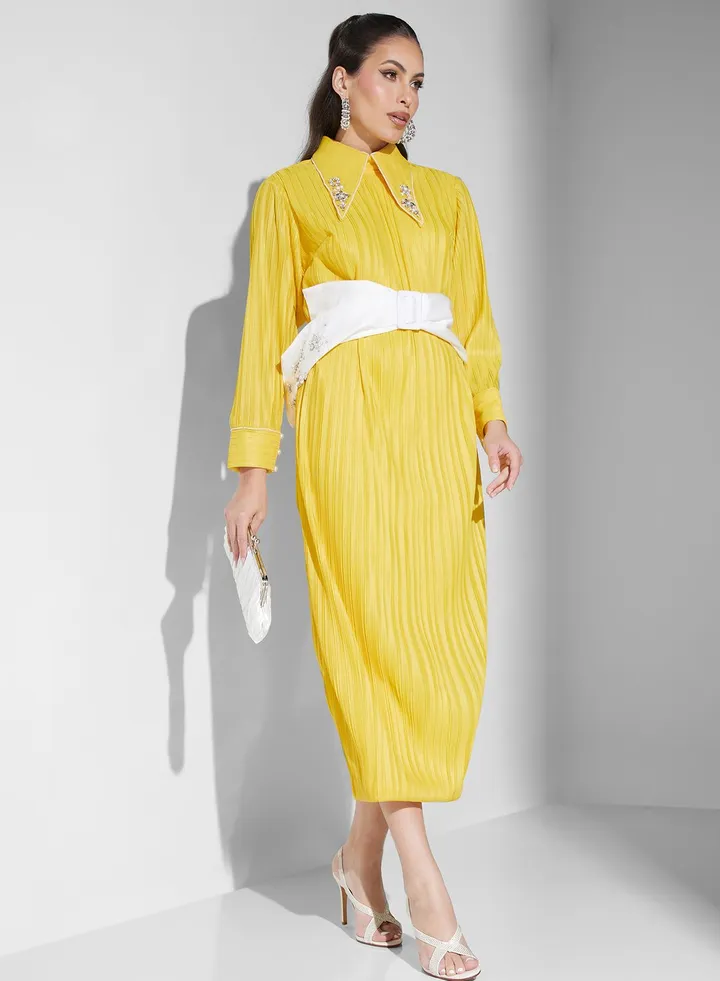Embroidered Lapel Belted Dress