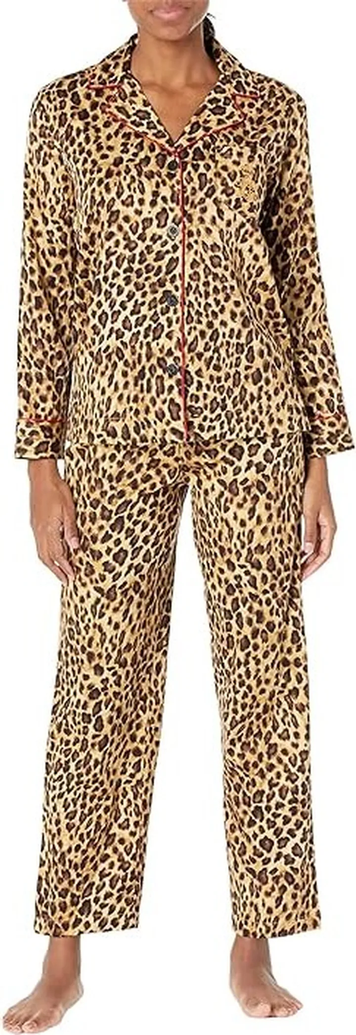 LAUREN Ralph Lauren Petite Long Sleeve Notch Collar Long PJ Set (Leopard) Women's Pajama Sets