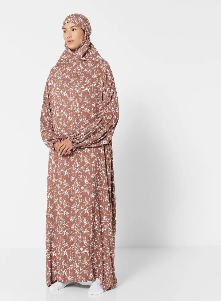 Praying Dress With Floral Prints And Attached Veil