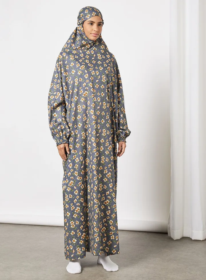 Praying Dress With Floral Prints And Attached Veil