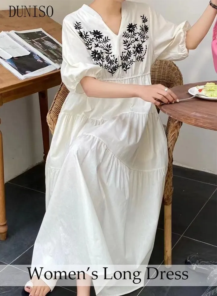 Retro Elegant Dress for Women Puff Sleeve Floral Embroidered Maxi Dress Boho Casual V Neck Long Dress