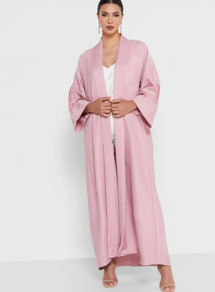 Embroidered Sleeve Abaya For Women Pink
