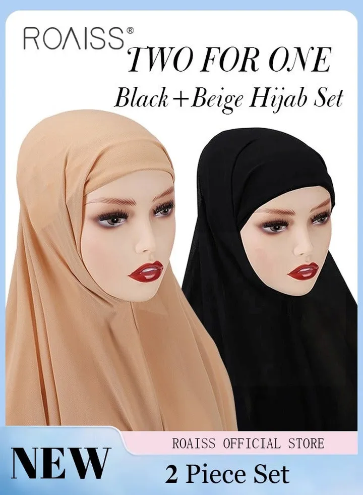 2 Piece Women's Chiffon Hijab Set Muslim Casual Scarf Turban for Ladies Beading Decoration Versatile All Seasons Wearable Traditional Wear Hijab Ramadan and Eid al-Adha Gifts