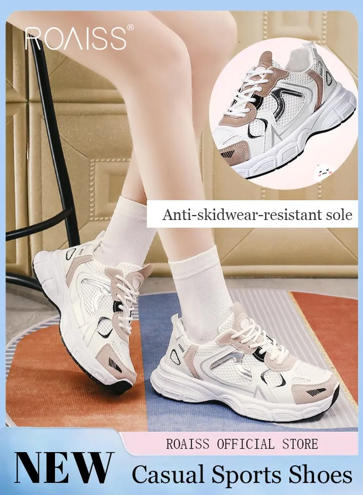 Women Sports and Leisure Shoes Thick Sole Round Toe Medium Heel Low Top Mesh