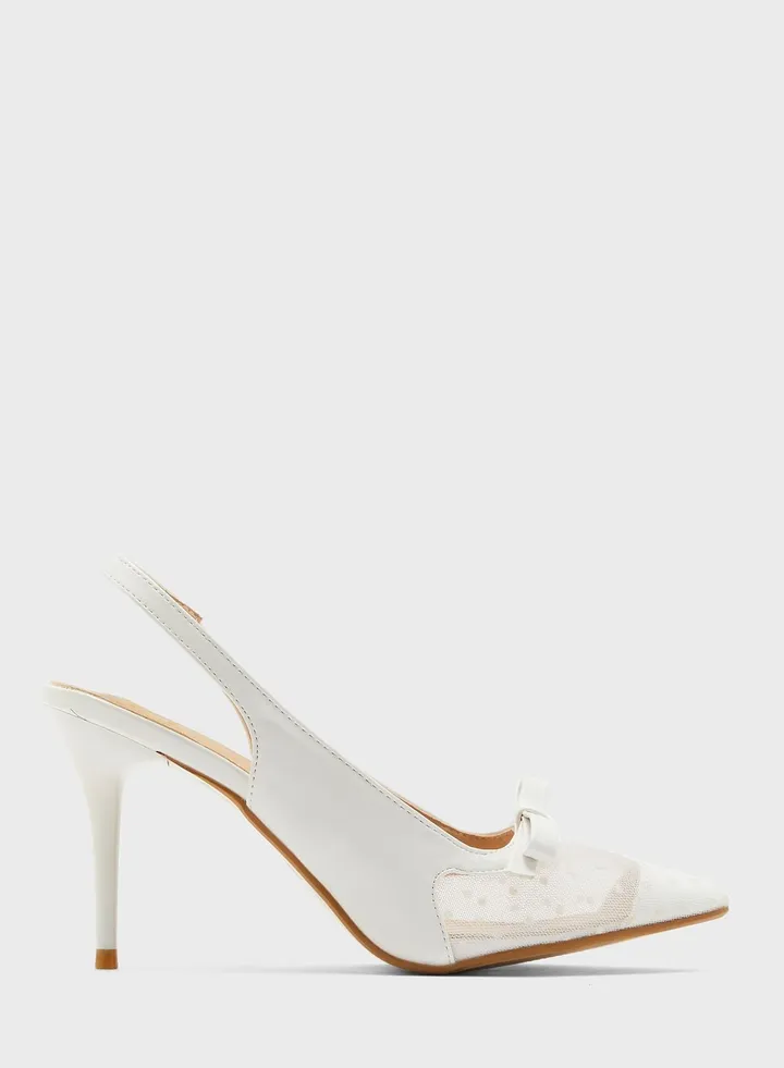 Pointed Polka Dot Netted Kitten Heel With Bow