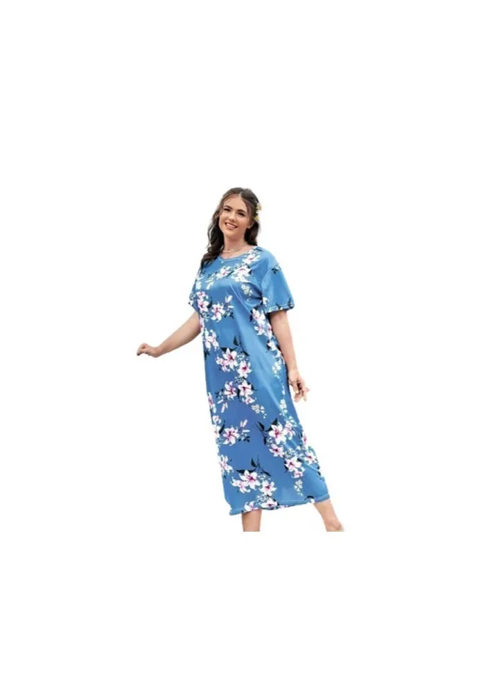 Blue patterned galabiya with a round neck and half sleeves
