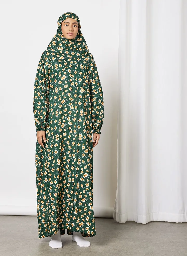 Praying Dress With Floral Prints And Attached Veil