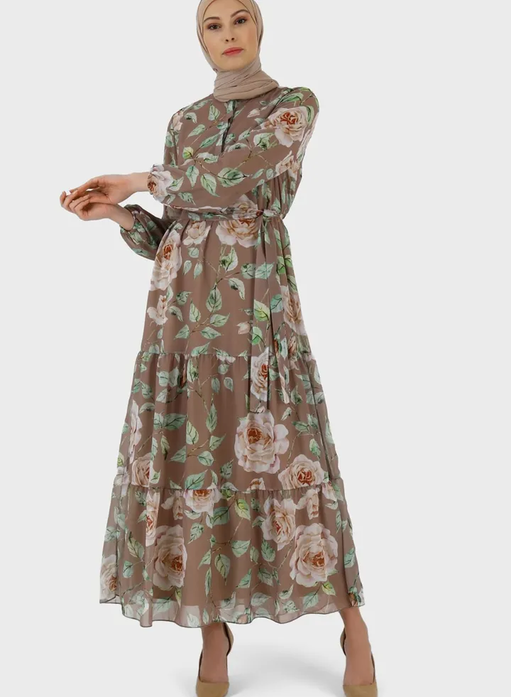 Belted Floral Print Tiered Dress