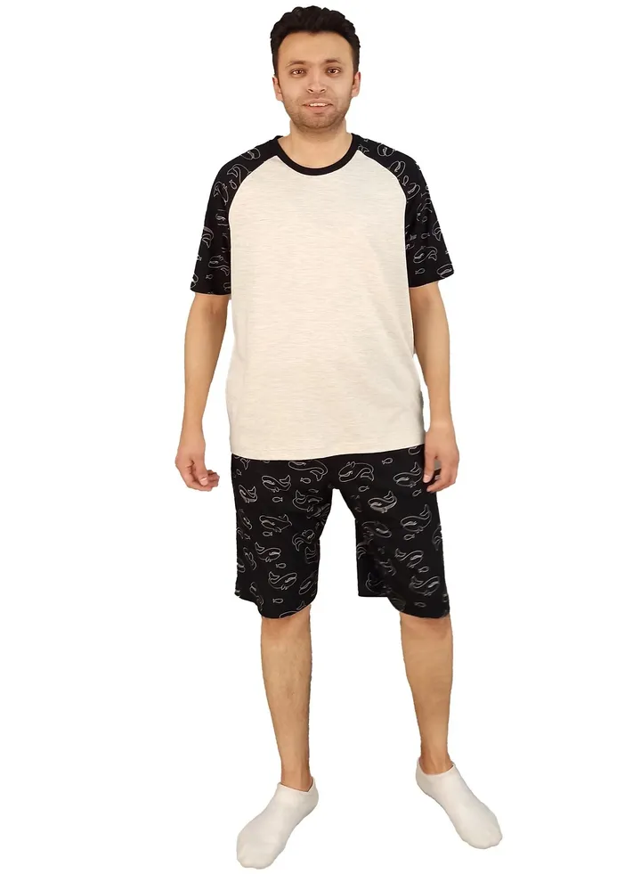 Men Summer Pajama Set Plan Top &Printed Short-Black*Beige