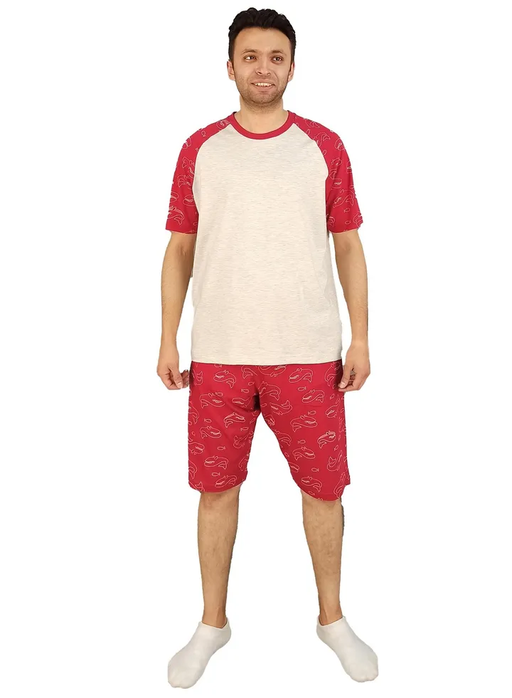 Men Summer Pajama Set Plan Top &Printed Short-Red*Beige