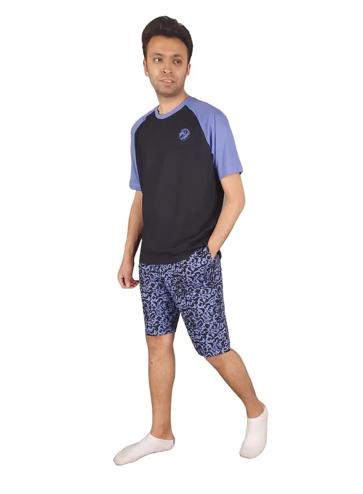 Men Summer Pajama Set Printed Top & Plain Short -Black*Purple