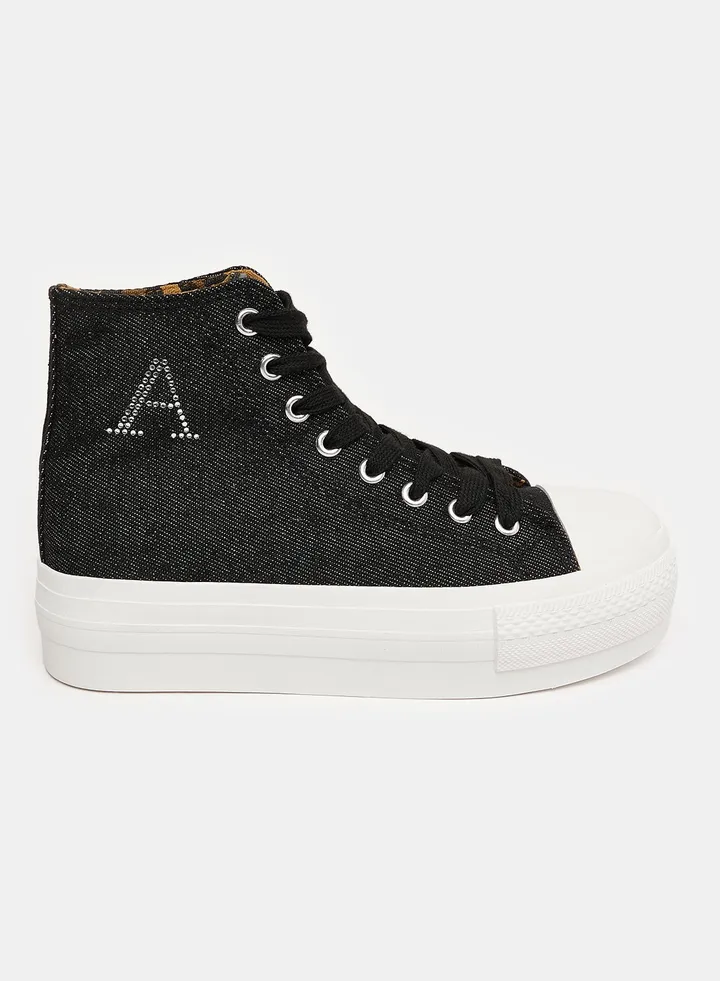 Dark Worn Denim Accent Lace Up High Top Sneakers