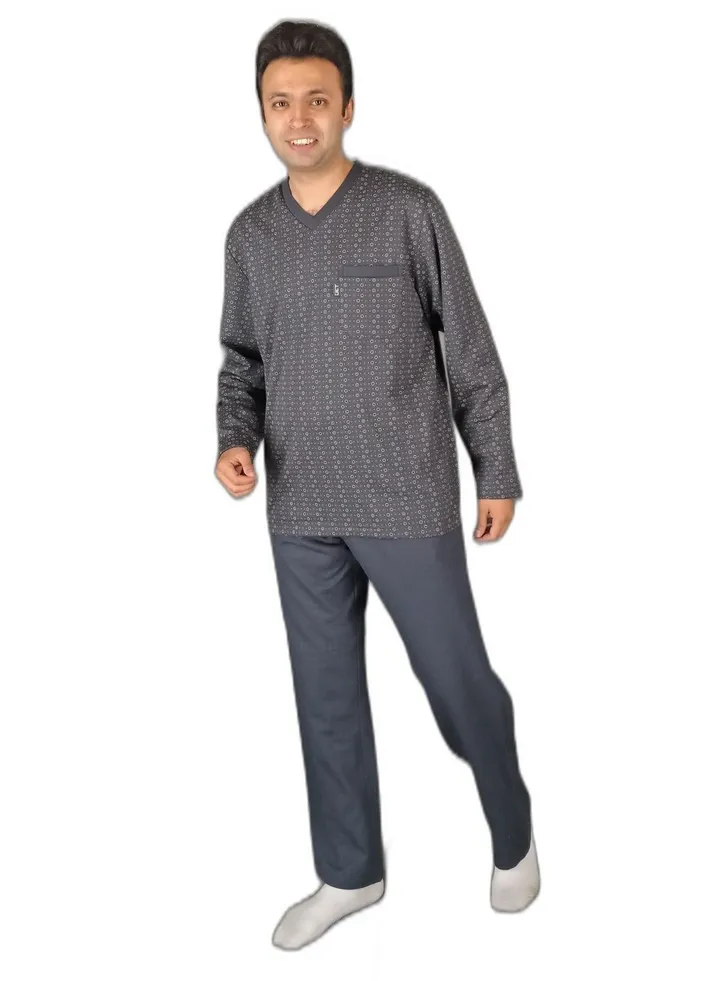 "Men Winter Pajama Set Long Sleeve & Long Pants -Dark Grey