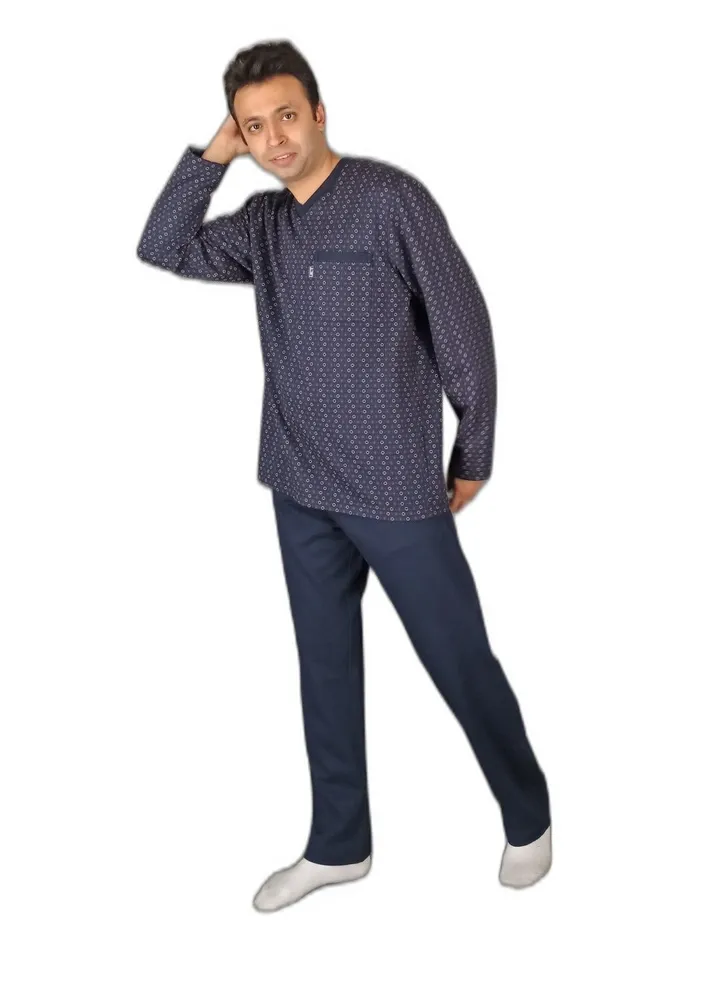 "Men Winter Pajama Set Long Sleeve & Long Pants -Navy Blue