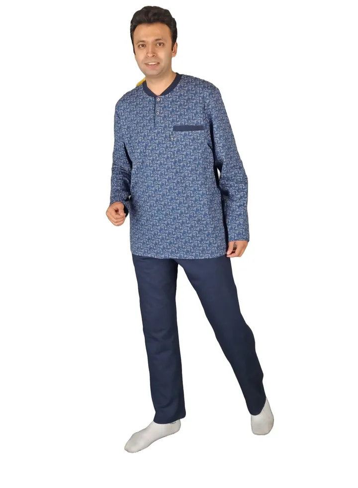 "Men Winter Pajama Set Long Sleeve & Long Pants - Navy Blue