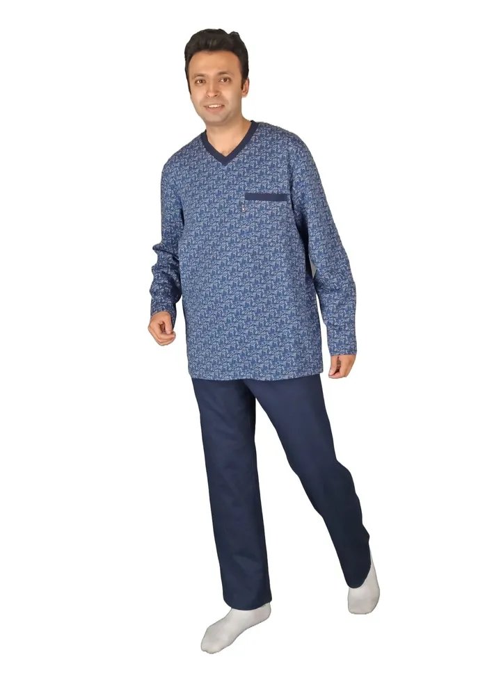 "Men Winter Pajama Set Long Sleeve & Long Pants -Navy Blue