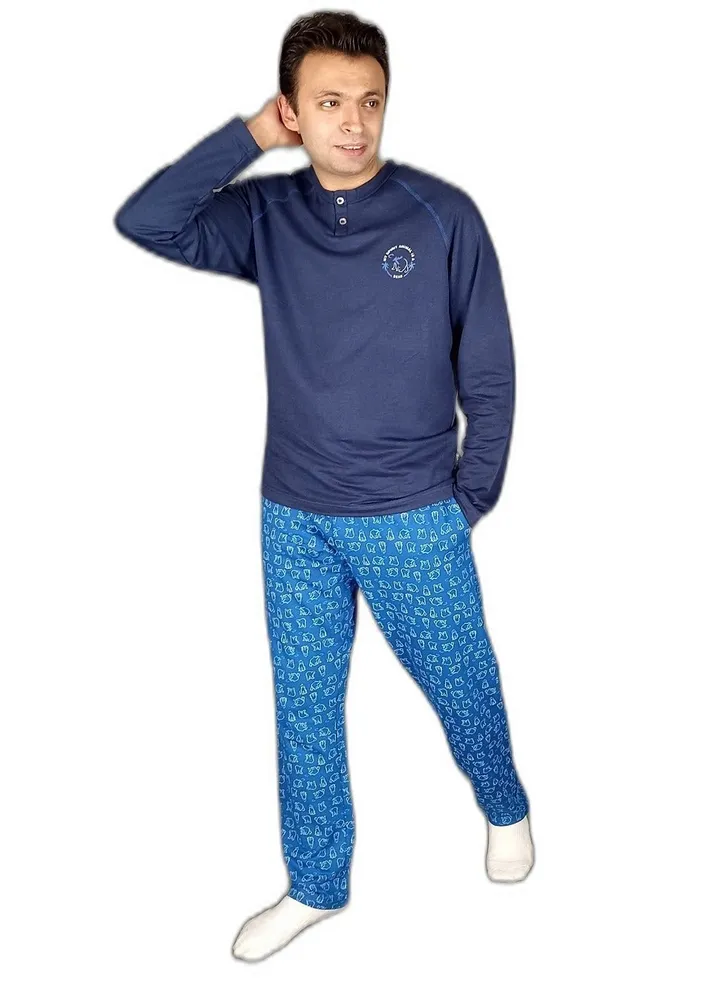 "Men Winter Pajama Set Long Sleeve & Long Pants -Blue