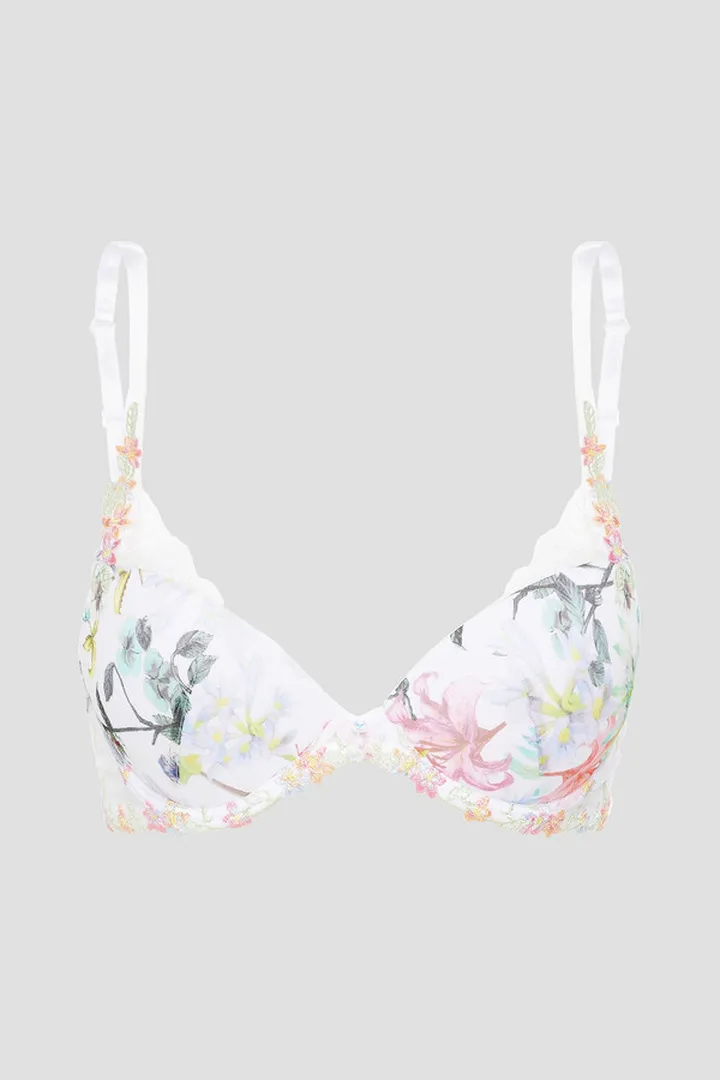 Embellished floral-print mesh push-up bra