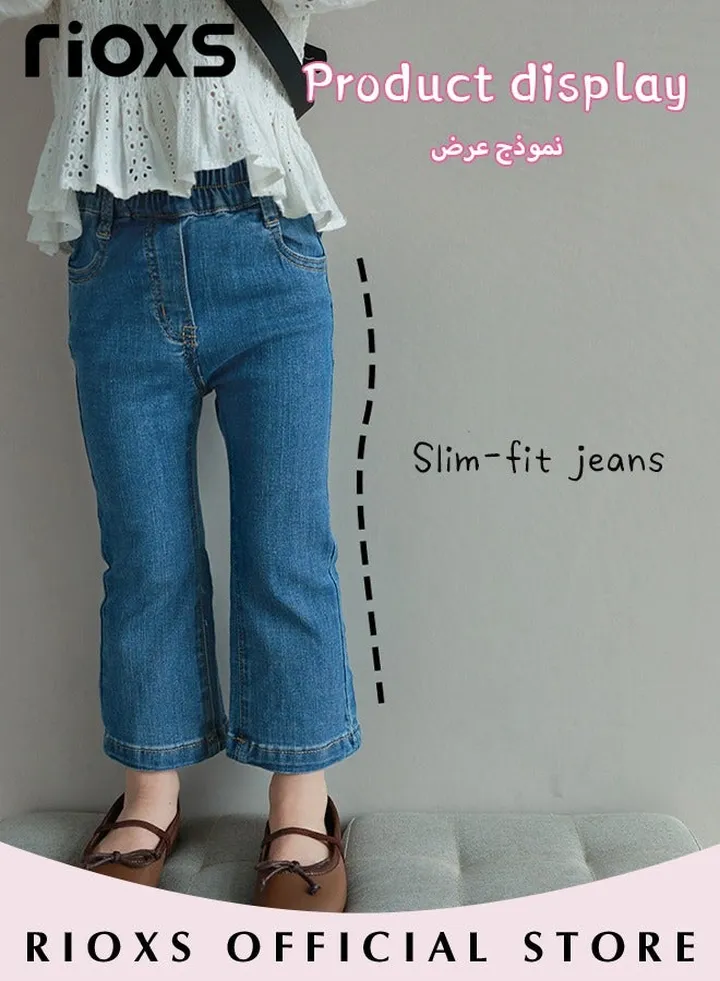 Kids Girls Casual Elastic Waist Denim Pants Fashion Wide Leg Jeans Slim Fit Baggy Pants