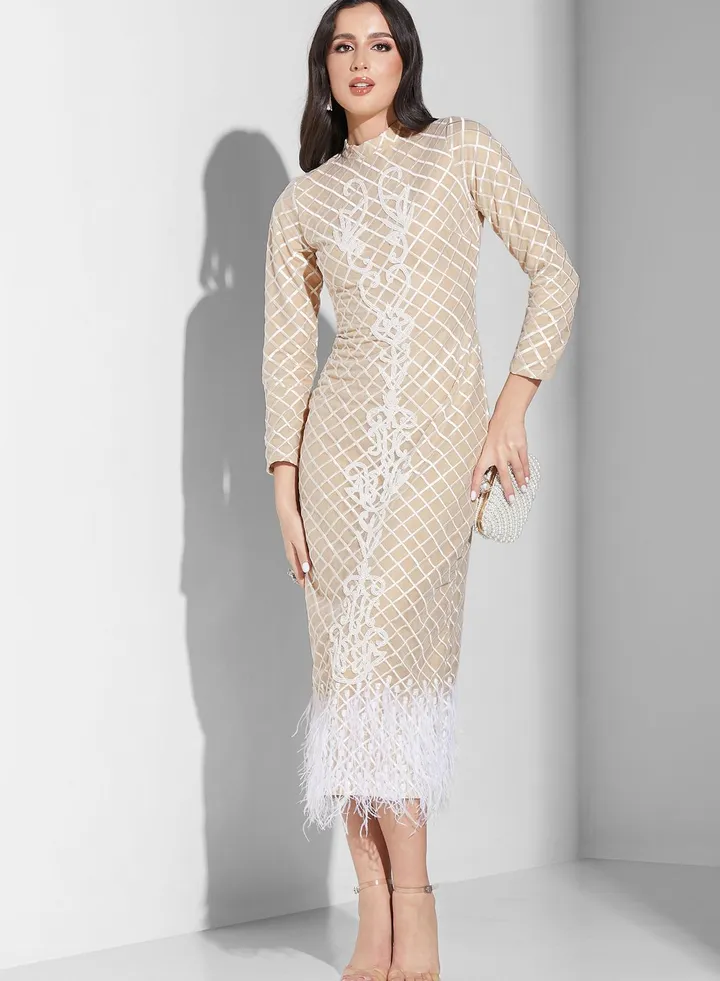 Embroidered Fur Hem Dress