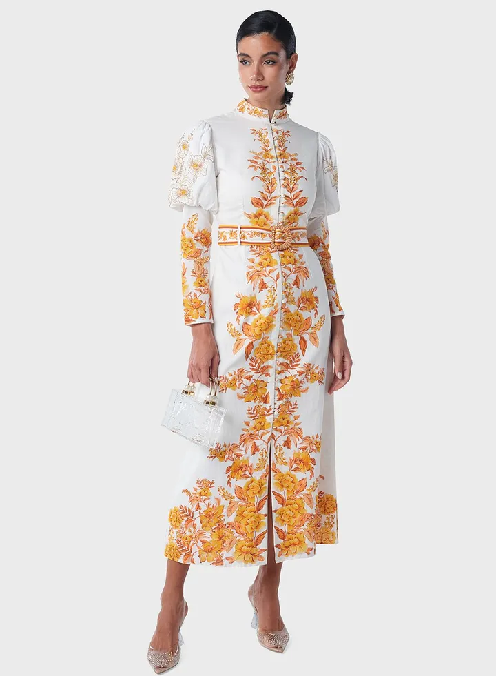 Embellished Puff Sleeve Printed Shirt Dress