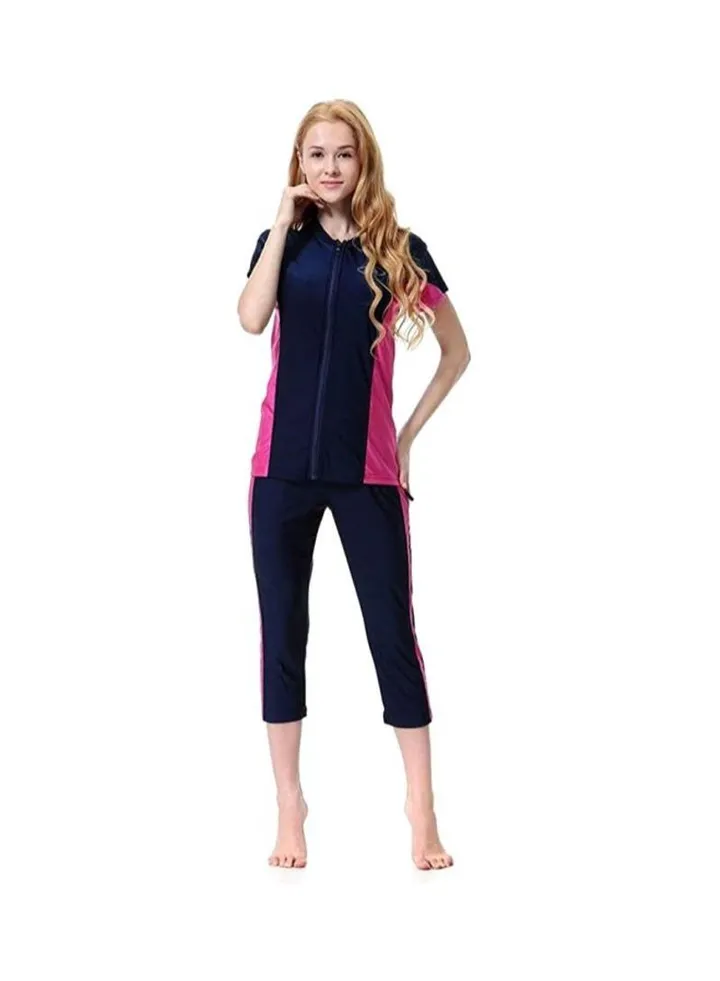 3-Piece Burkini Set Navy Blue/Pink