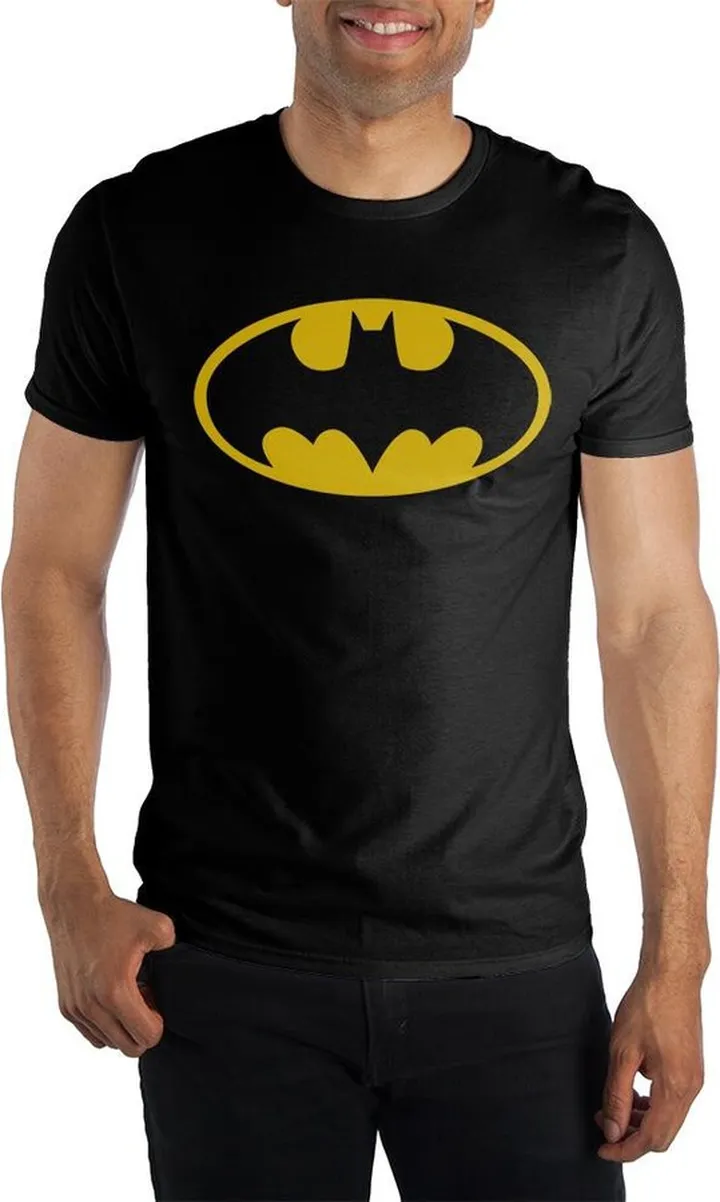 Batman Classic Yellow Bat Logo Black Graphic Tee Shirt T-Shirt-Medium