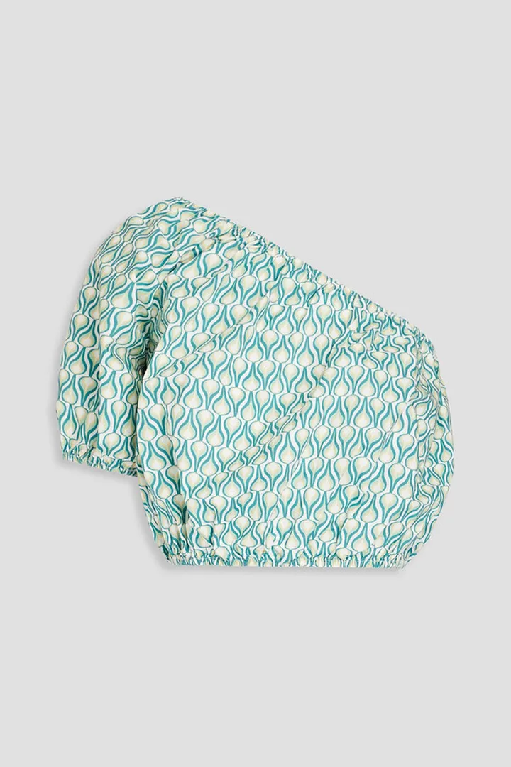 One-shoulder cropped printed cotton-poplin top