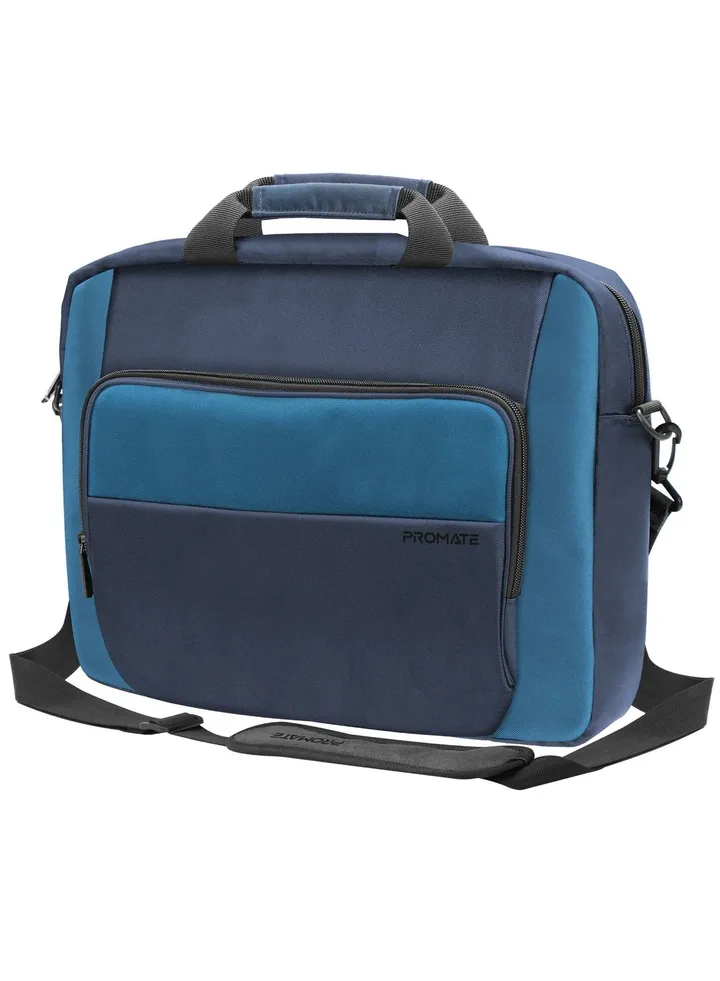 Promate Laptop Bag, Premium Durable Lightweight Messenger Bag with Multiple Spacious Compartments, Water-Resistance, Luggage Belt and Secure Zippers for 15.6-inch Laptops, Tablets, Limber-MB.Blue