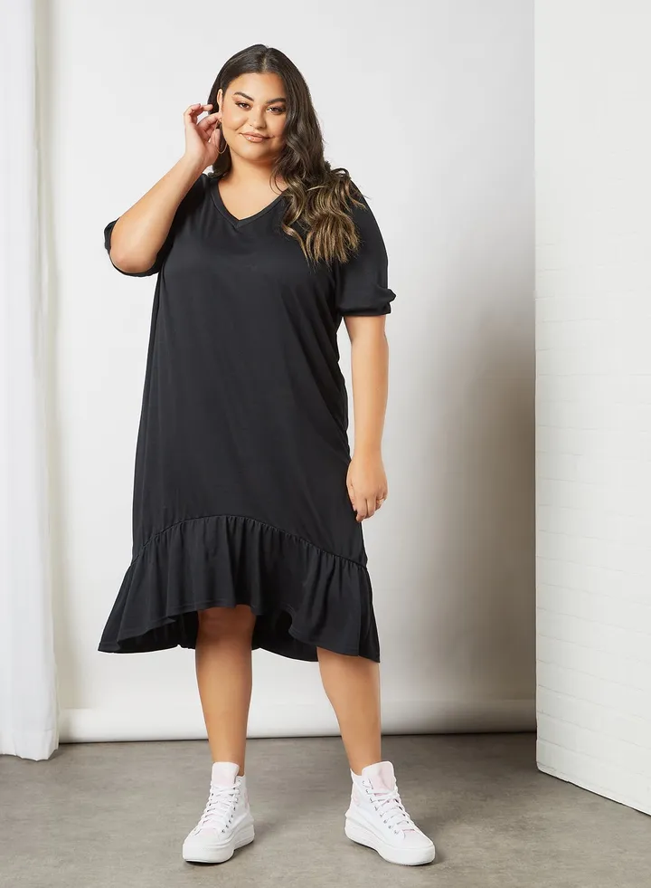 Plus Size V-Neck Midi Dress Black