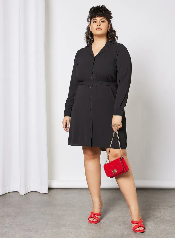 Curve Long Sleeve Shirt Dress Black