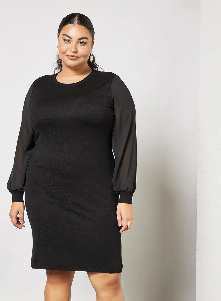 Plus Size Sheer Sleeve Dress Black