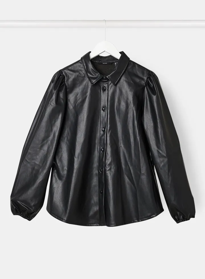 Plus Size Coated Long Sleeve Shirt Black