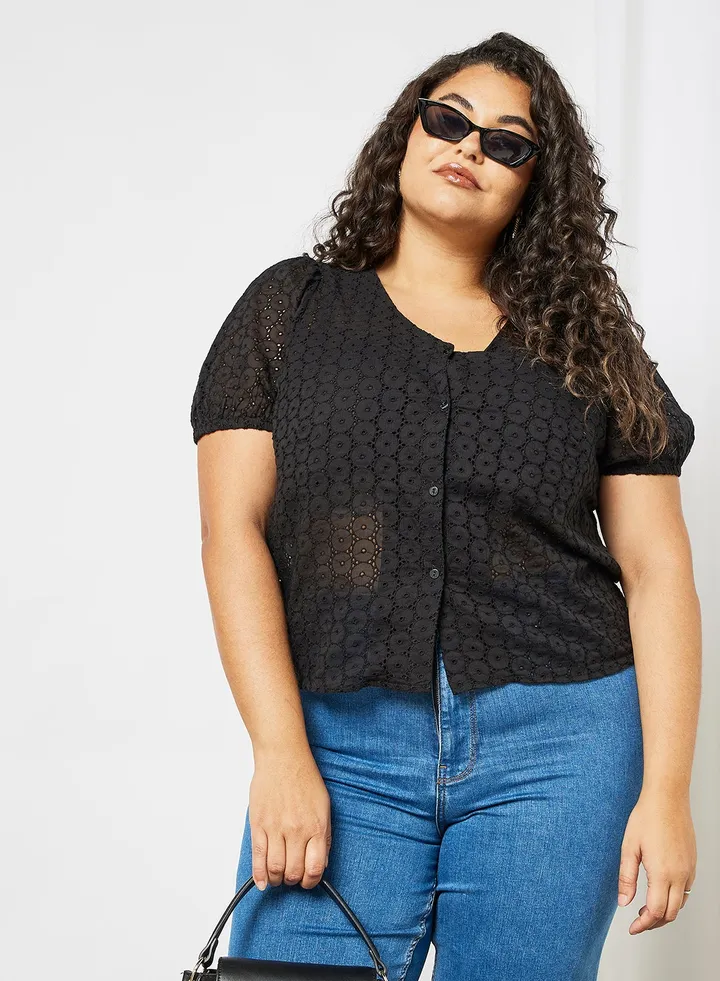 Plus Size Puff Sleeve Schiffli Top Black