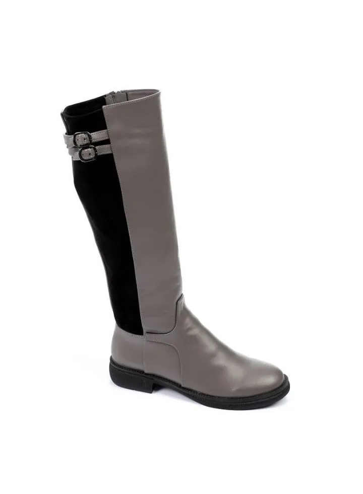 Leather & Suede Grey & Black Knee High Boots