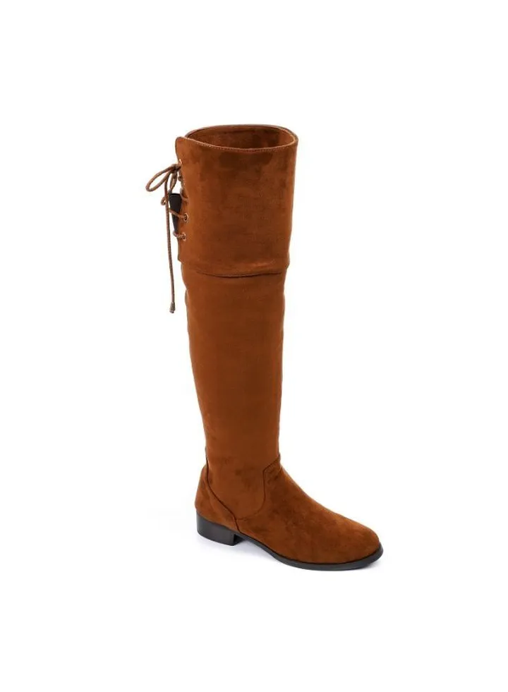 Adjustble Back Lace Suede Over The Knees Boots - Havana