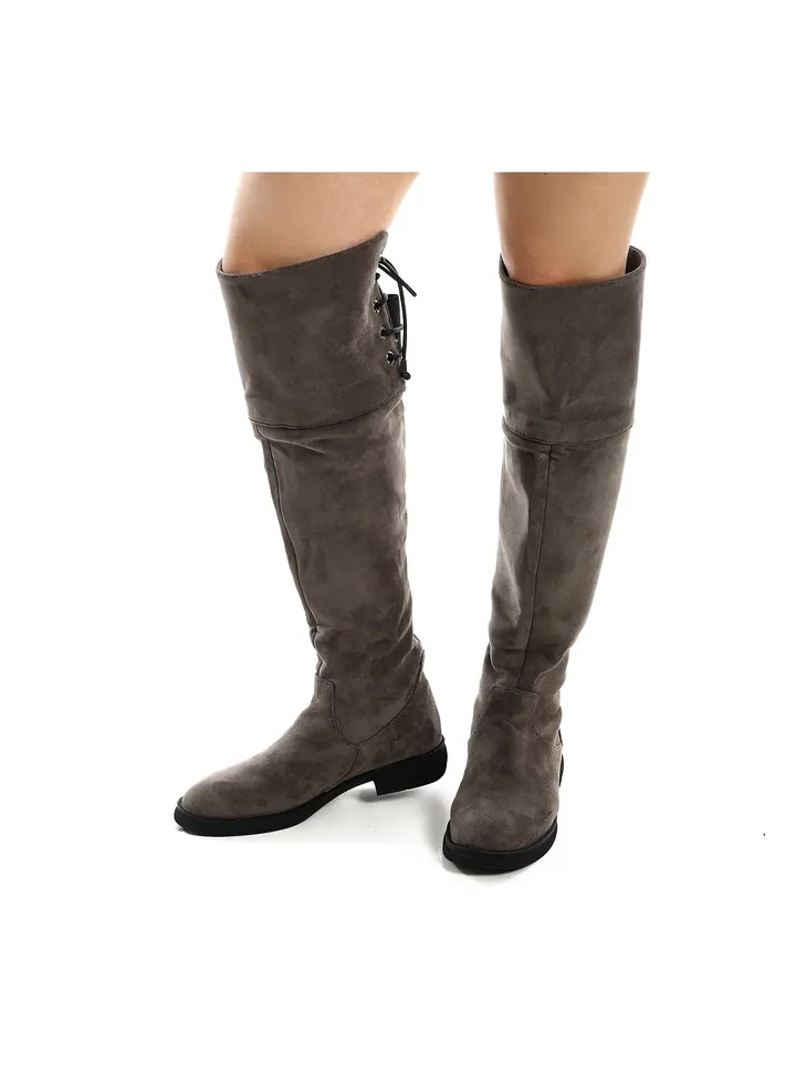 Adjustble Back Lace Suede Over The Knees Boots - Grey