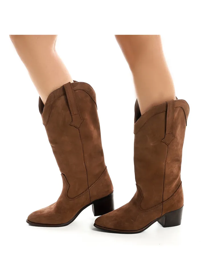 Suede Mid Calf Heeled Boot - Brown