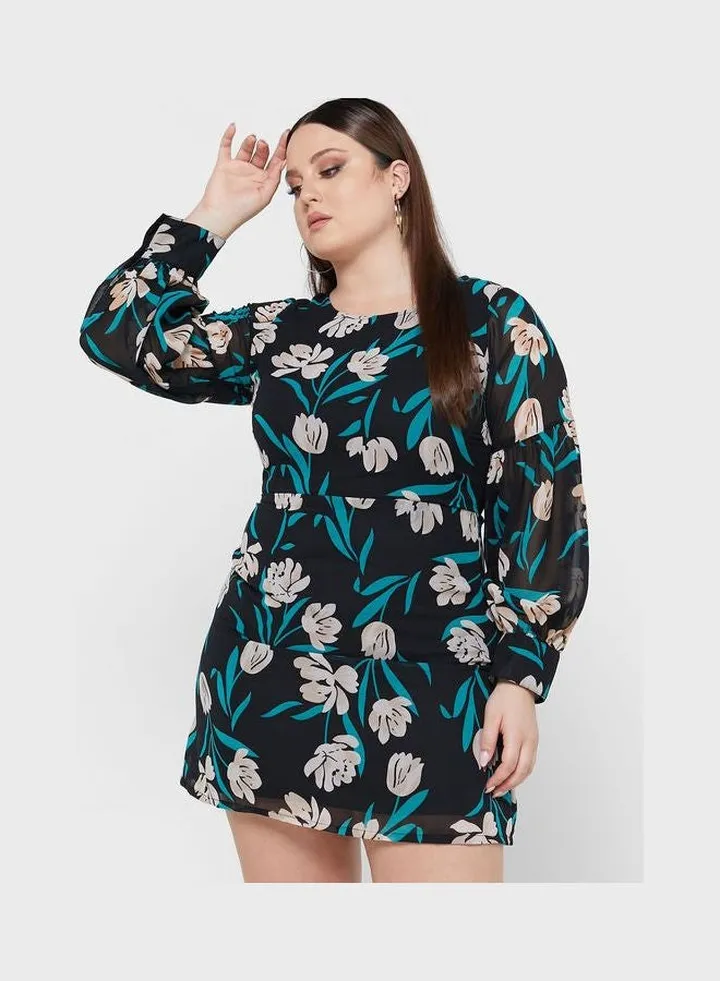 Printed Balloon Sleeve Dress Black