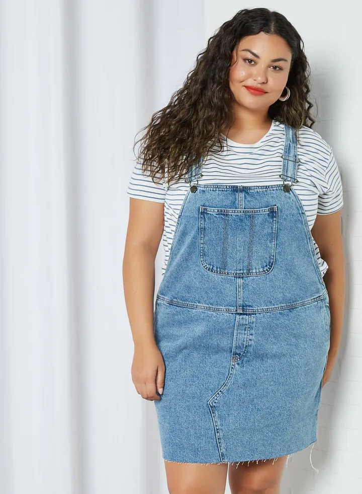 Plus Size Pinafore Dress Mid Denim