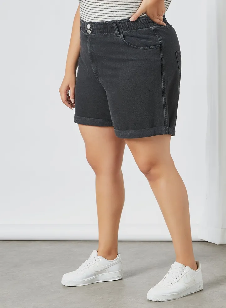 Plus Size Paperbag Denim Shorts Black