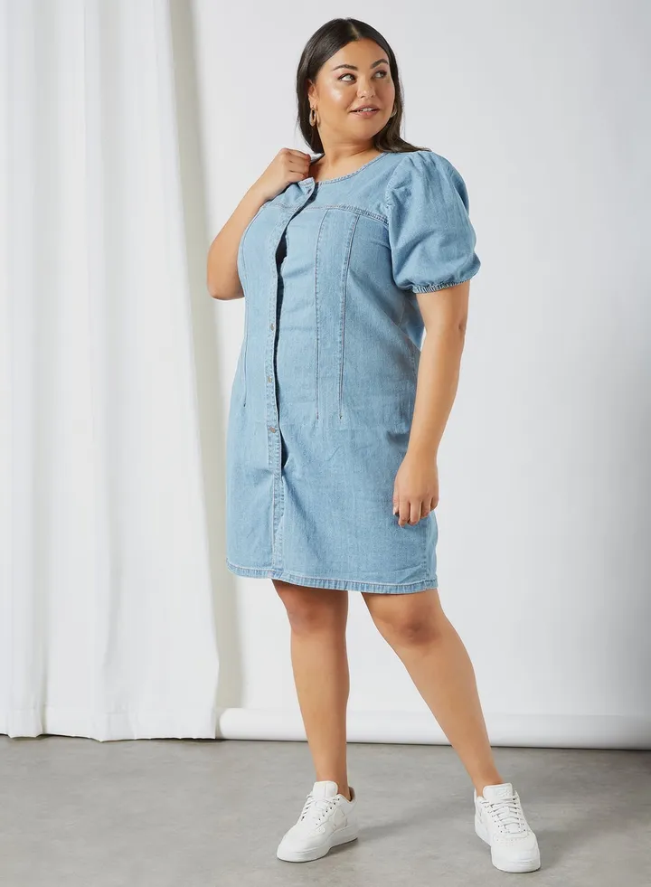 Curvy Puff Sleeve Denim Dress Blue